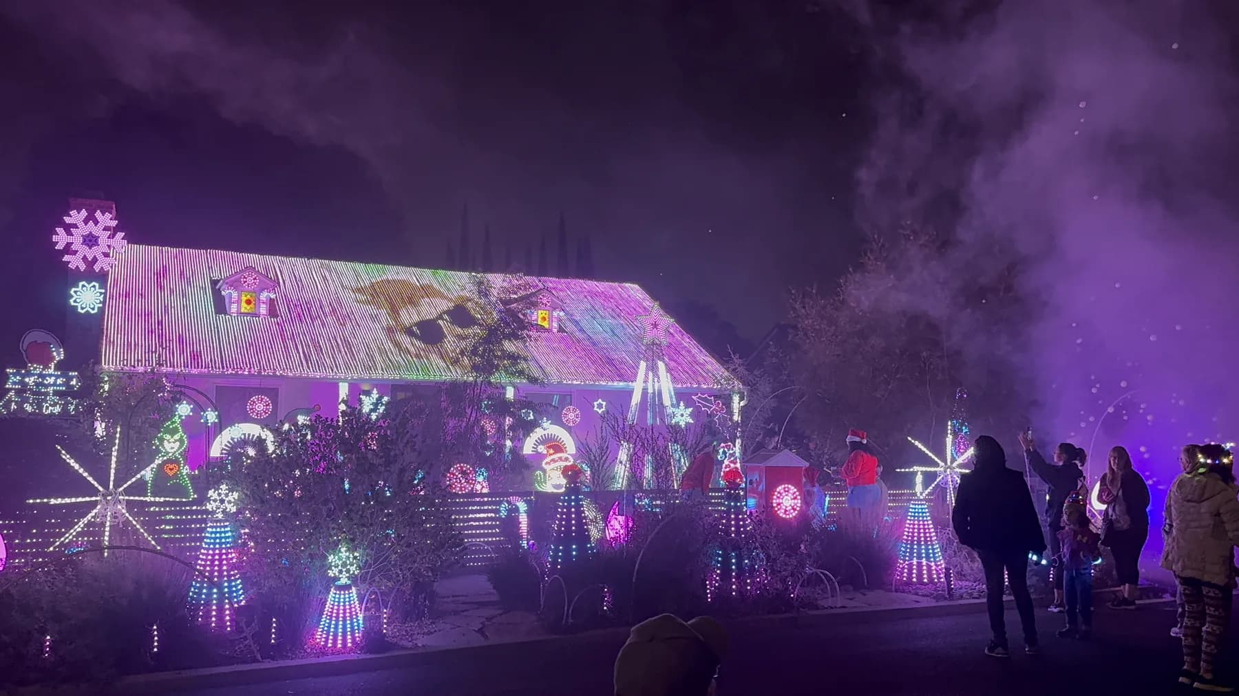 The Lights on Falcon display glowing through purple fog as visitors gather along the curb.