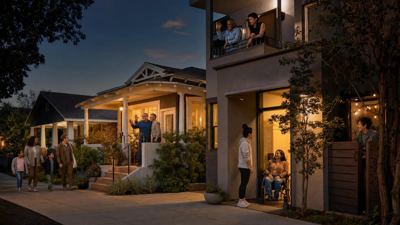 Illustrative evening scene of neighbors outside homes and apartments.