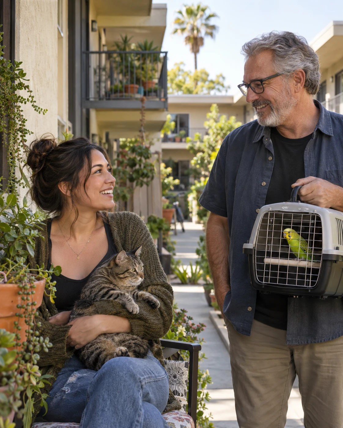 Imagined independent neighbors with a cat and a bird carrier.