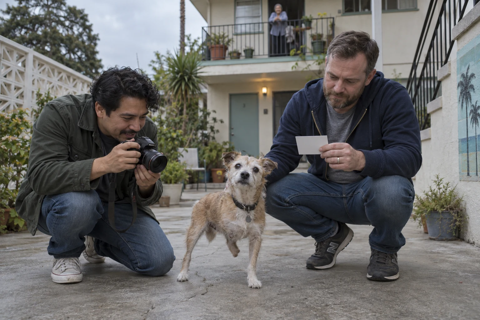 Imagined neighbors preparing recovery information for their older three-legged dog in a shared courtyard.