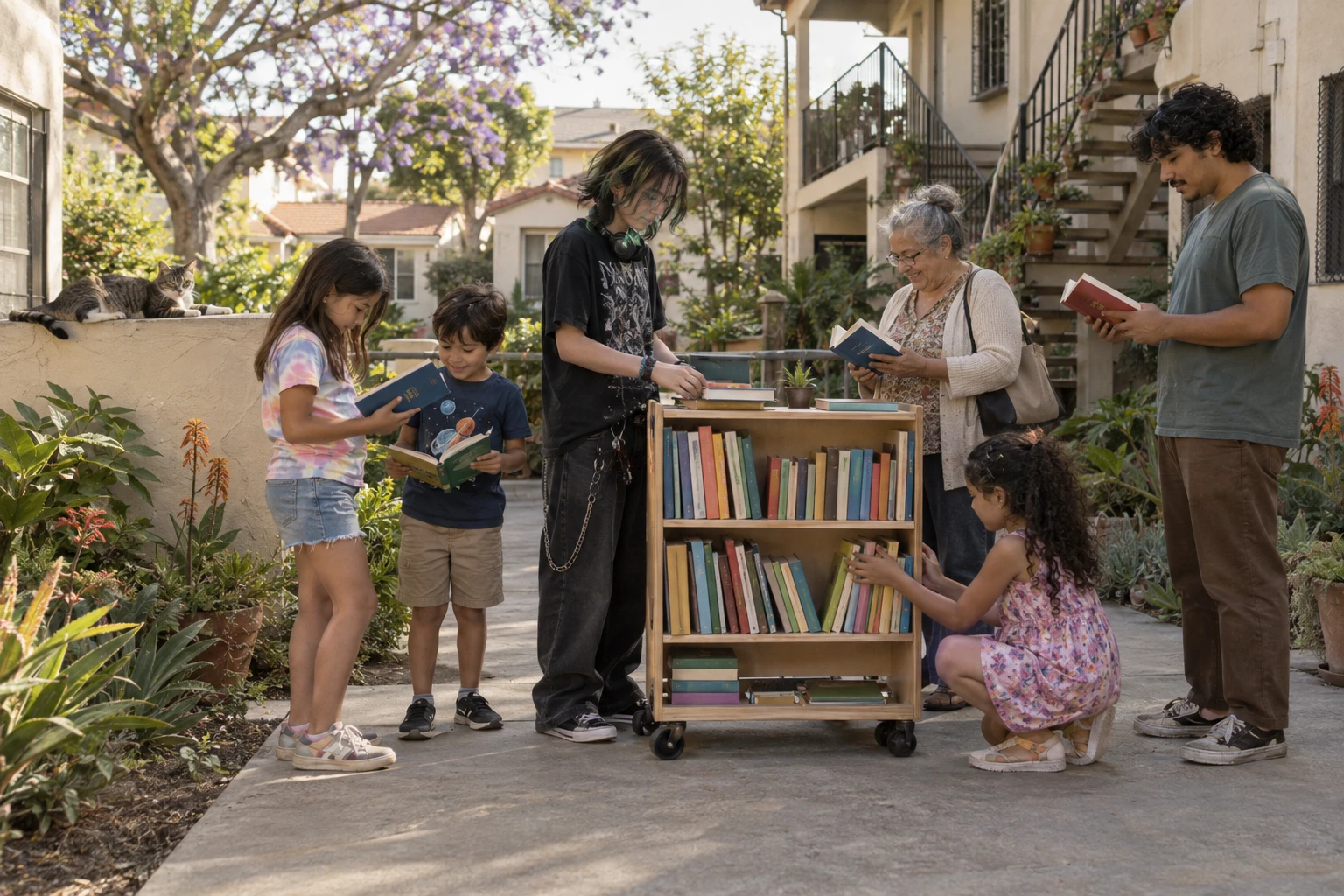 Imagined children and teens organizing a neighborhood book swap, with books for younger and older neighbors in a modest shared courtyard.