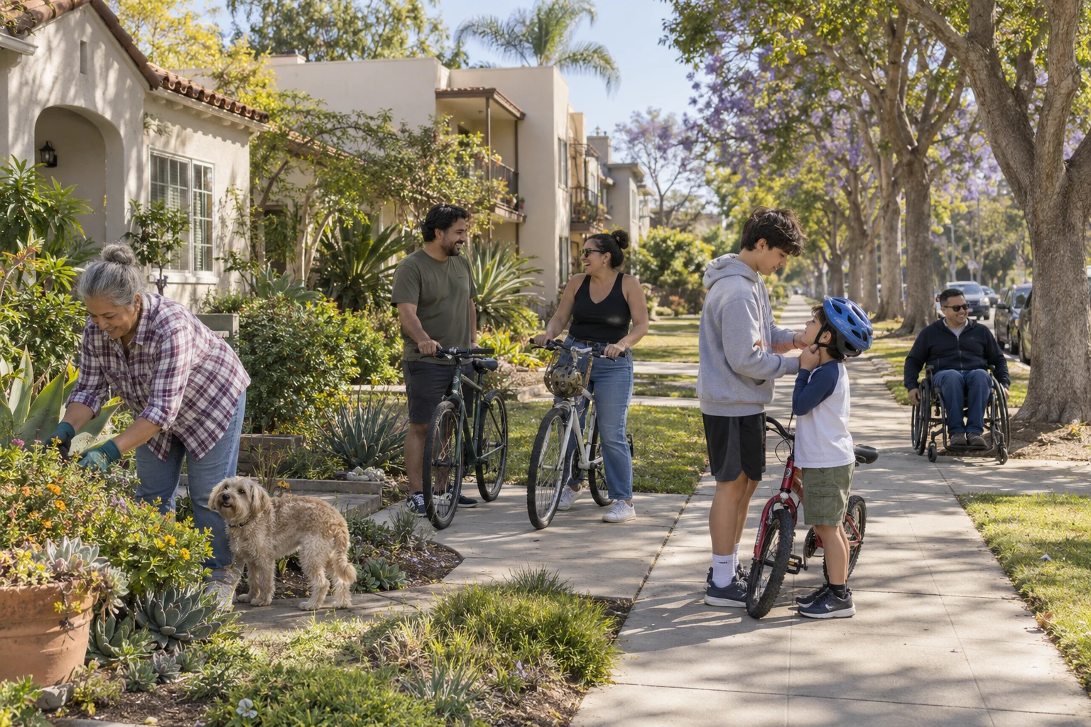 Imagined everyday neighbors, children, a dog and bicycles on a modest residential Bixby Knolls street with houses and apartments.