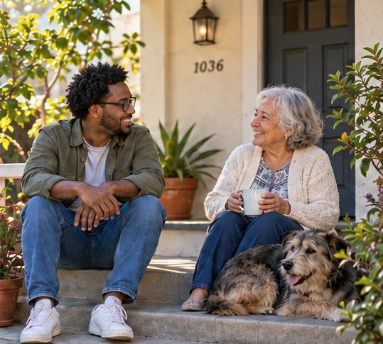 Imagined younger and older neighbors listening to each other, with a dog nearby.