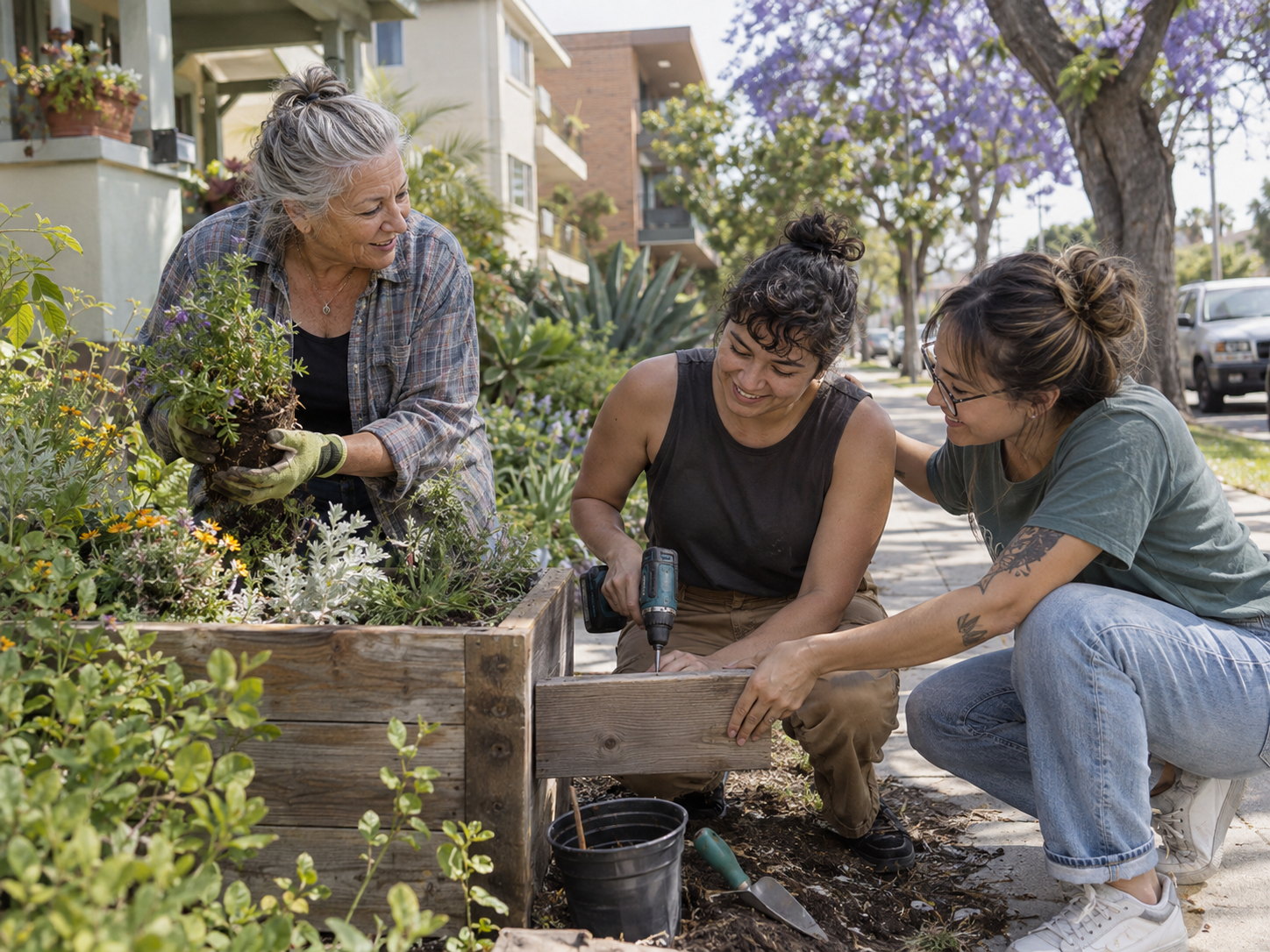 Imagined neighbors working in a shared apartment garden.
