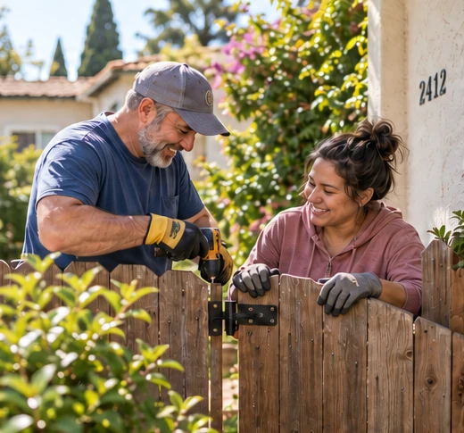 Imagined neighbors of different ages working side by side on a small repair.
