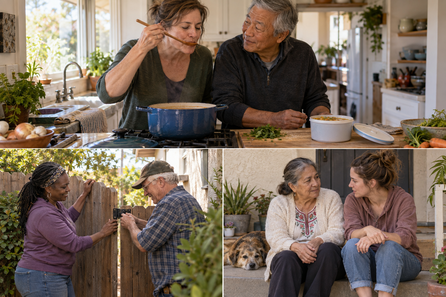 Imagined everyday care: making soup together, neighbors repairing a gate as peers, and two neighbors taking time to listen on porch steps with a dog.