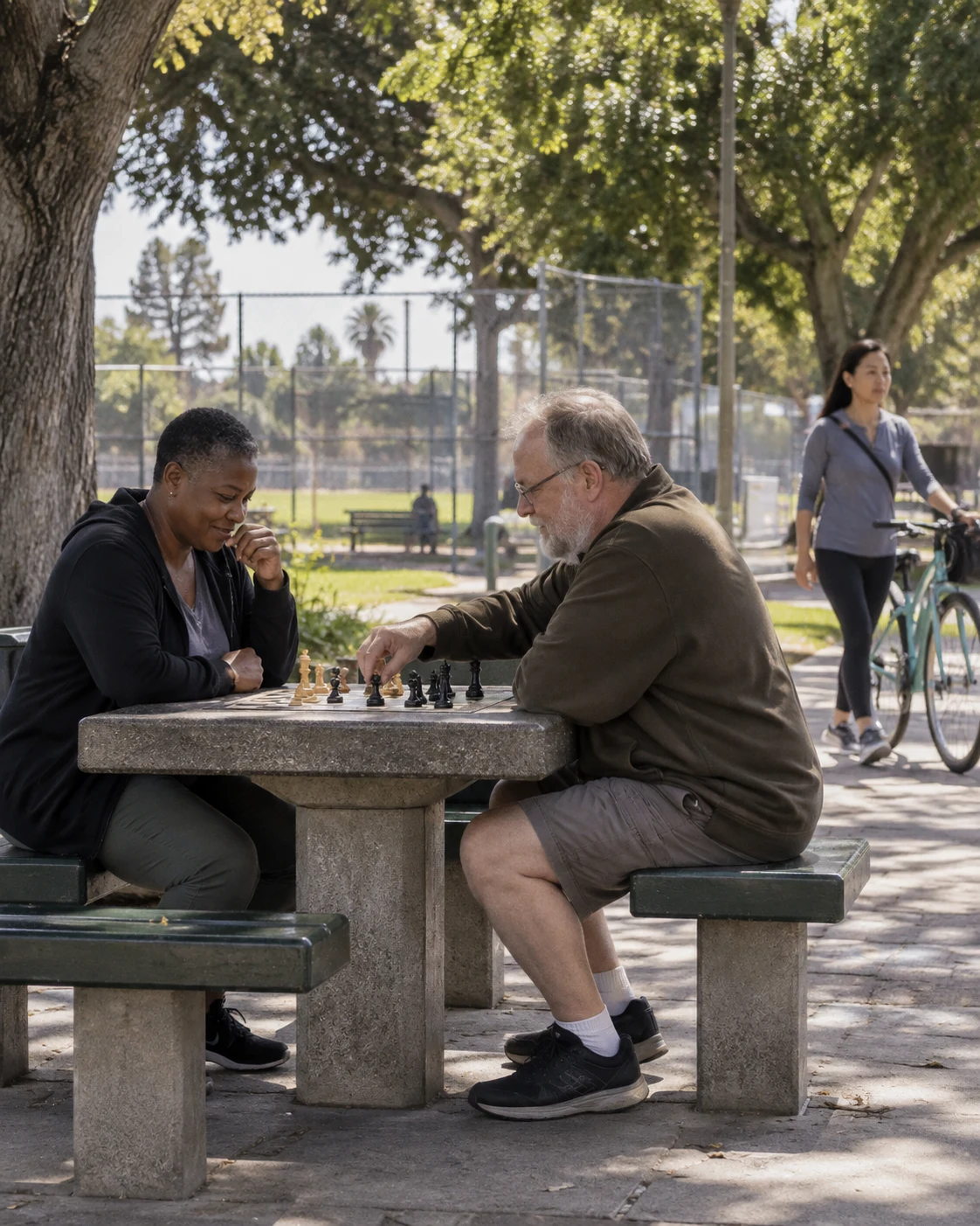 Imagined ordinary neighbors enjoying a residential neighborhood park with a dog and everyday activities.