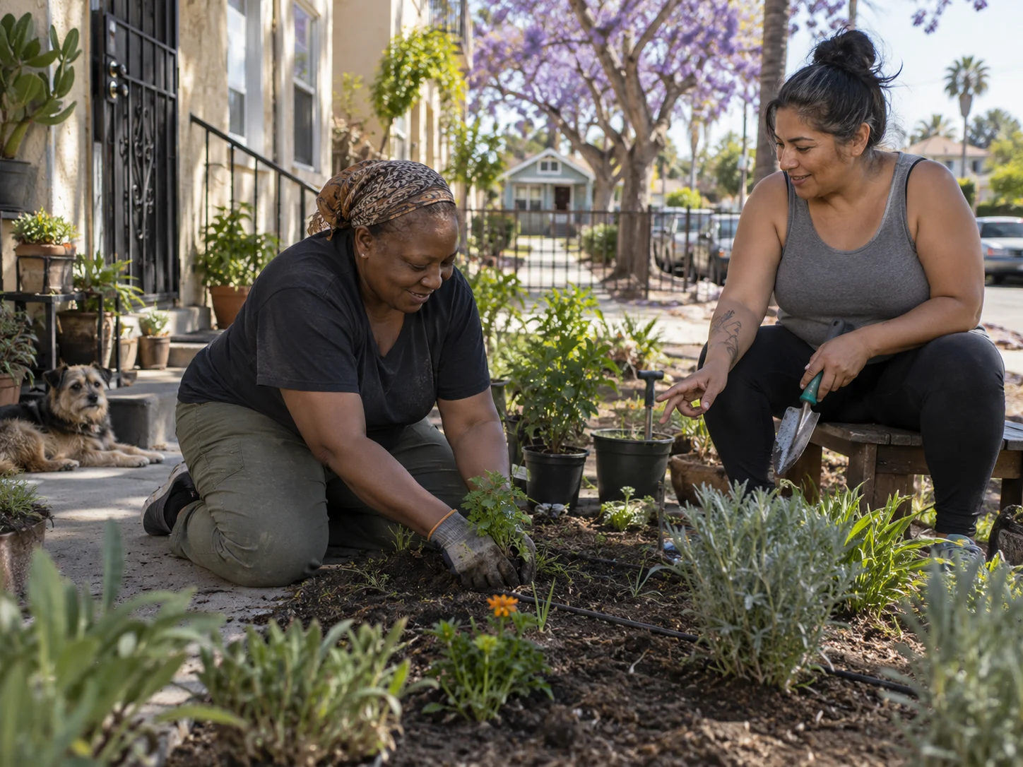 Imagined neighbors tending a shared garden.