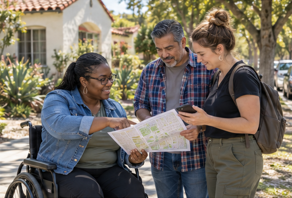 Imagined neighbors, including a wheelchair user, comparing a neighborhood map and information on a phone.
