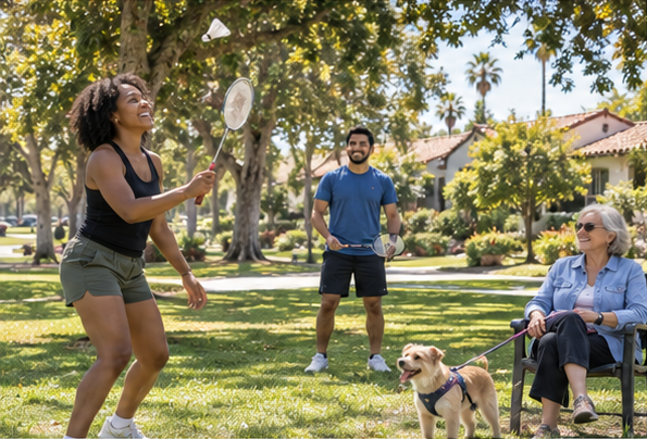 Imagined neighbors enjoying a park lawn and a game of badminton, with a dog.