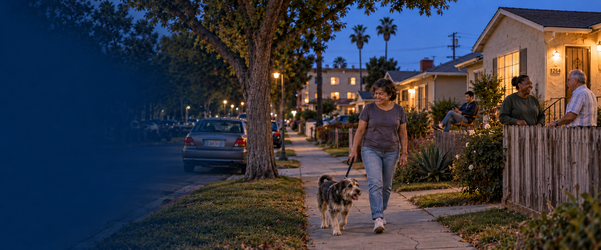 Imagined everyday residential evening: a neighbor walking a dog, two neighbors chatting by a simple fence, and another enjoying their own porch.