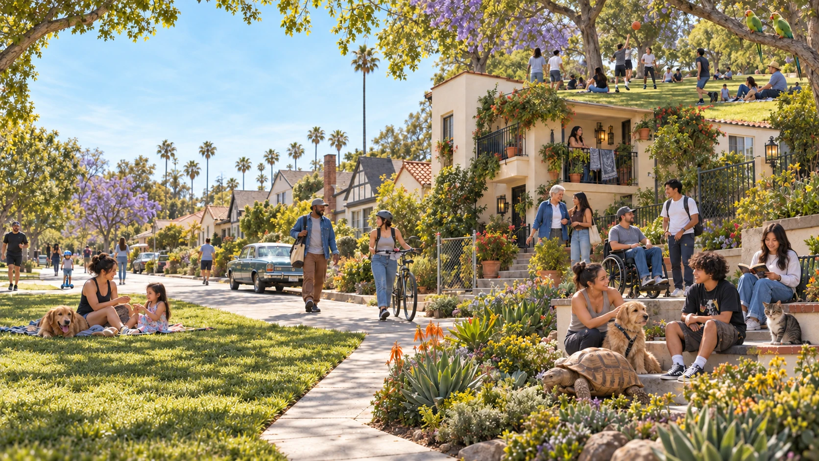 Imagined layered collage of Bixby Knolls residential life: many neighbors, modest homes and shared apartment entries, park activities, dogs, a cat, a large land tortoise and birds.