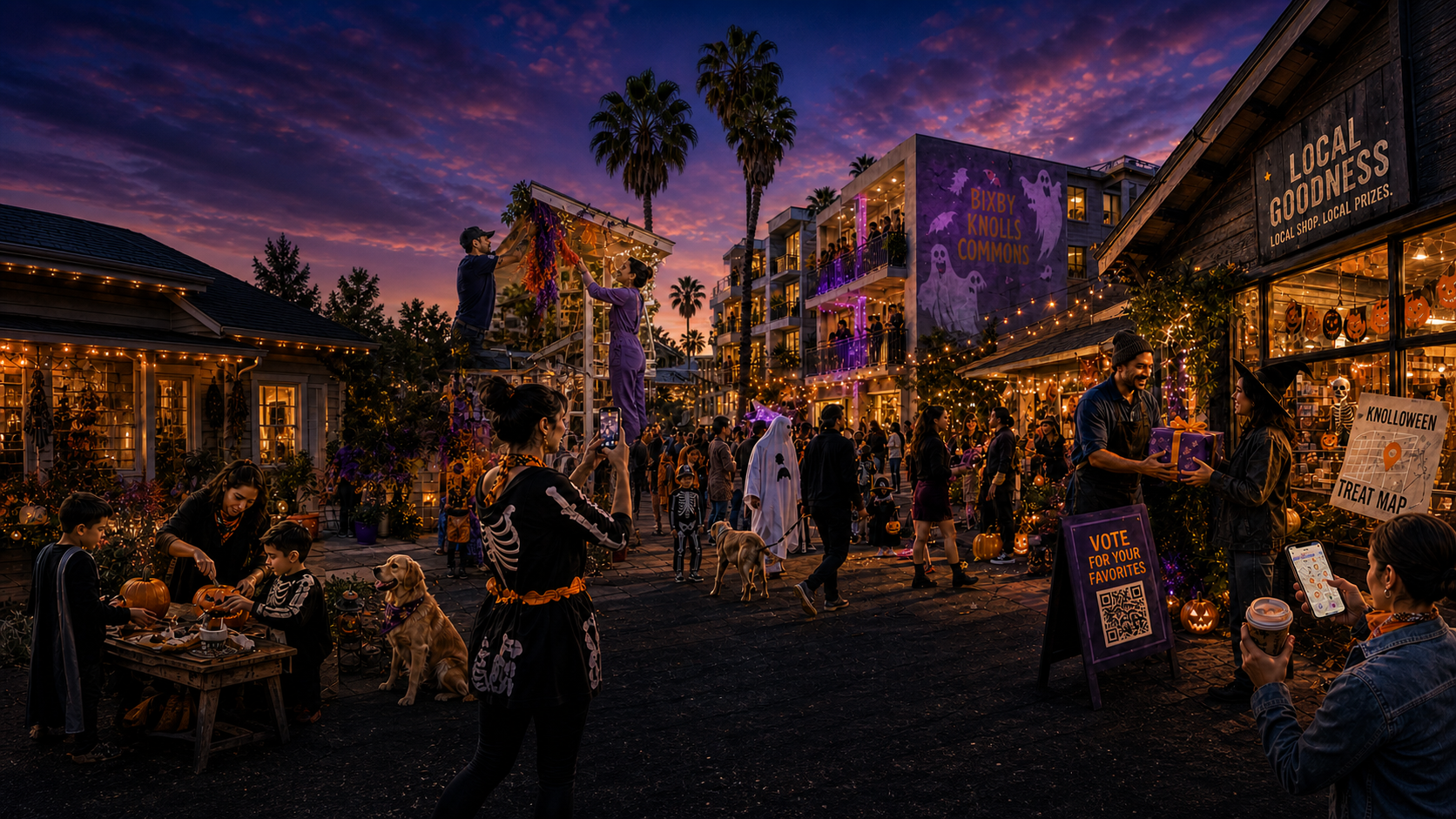 Imagined expansive Knolloween neighborhood scene with decorated homes, apartment balconies, neighbors, costumes and animal companions.
