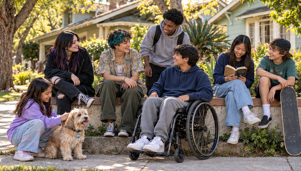 Imagined kids and teens with varied personalities and interests spending time together, including a wheelchair user, a reader, a skateboarder, colorful and dark alternative styles, and a younger child with a dog.