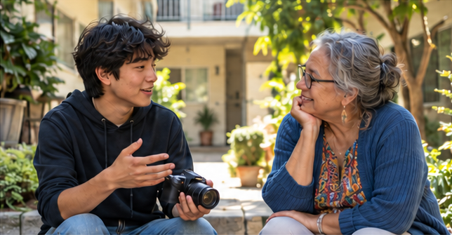 Imagined teenager sharing their photography with an older neighbor who listens with interest.