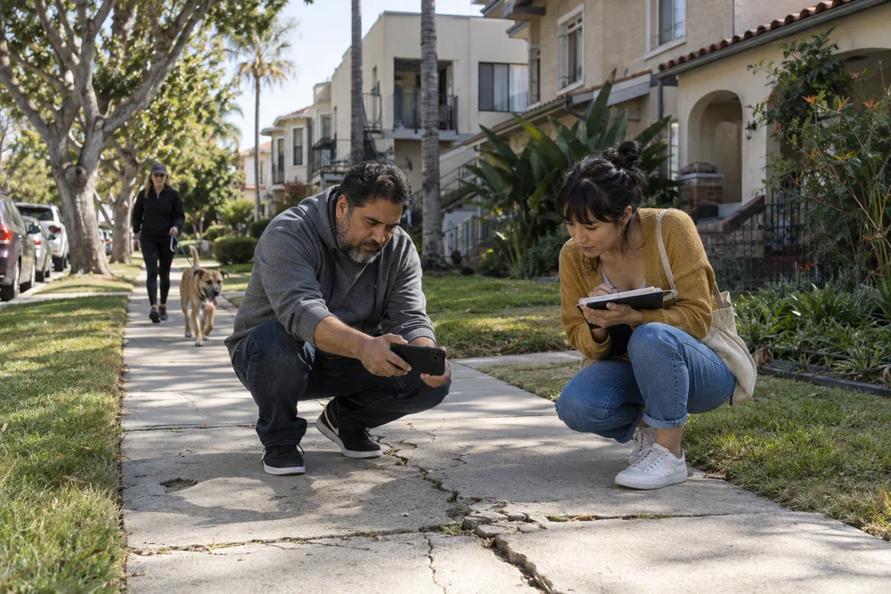 Photoreal concept of neighbors checking a cracked sidewalk together outside modest houses and apartments.