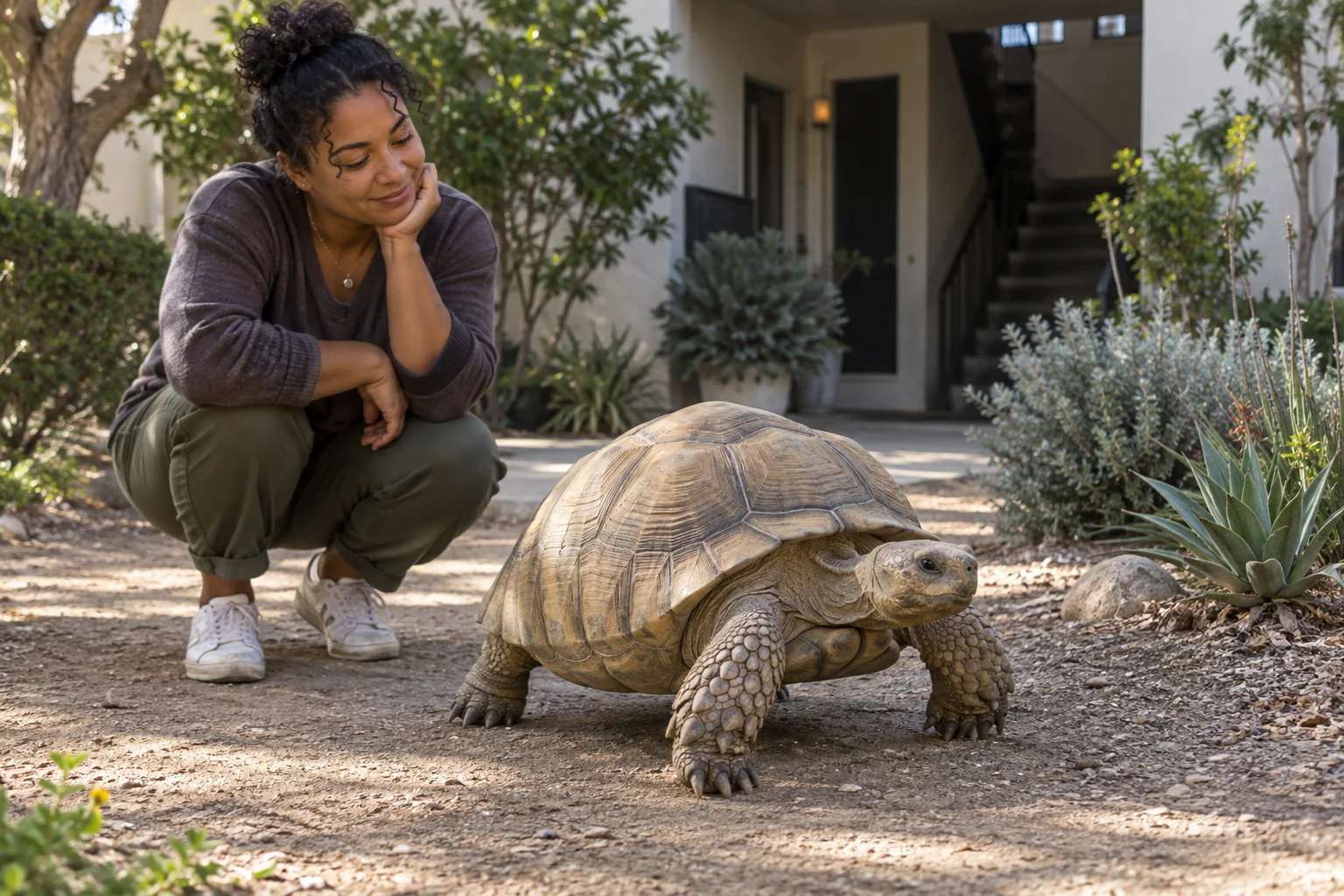 Imagined large tan land tortoise outdoors, not an aquatic turtle.
