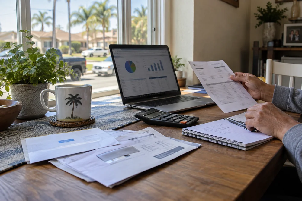 Photoreal concept of a neighbor reviewing household bills, a calculator and a laptop at an ordinary home table.