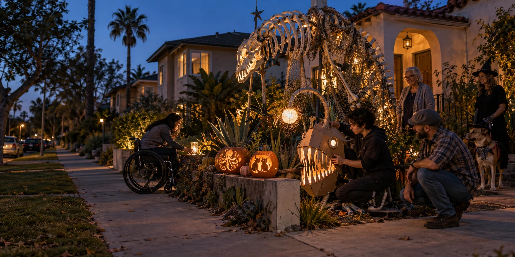 Imagined neighbors creating a Halloween display.