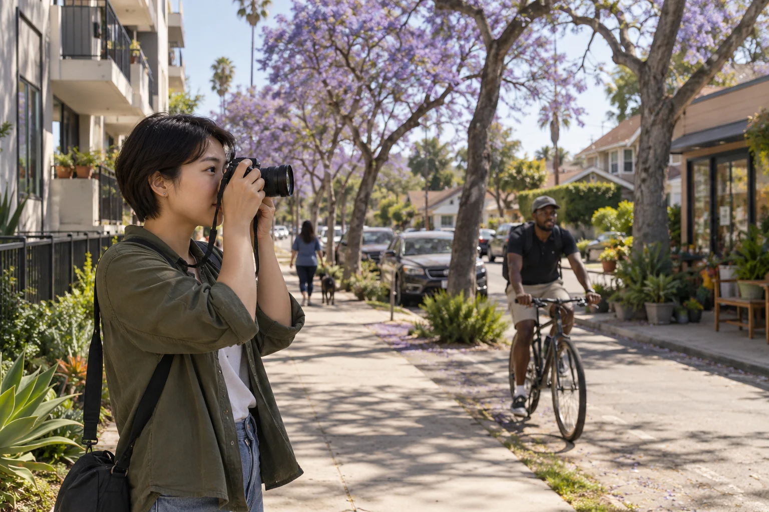 Imagined photographer documenting a lived-in neighborhood street, with a cyclist passing.