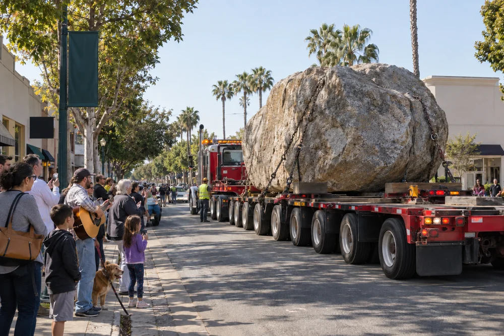 Photoreal reimagining of neighbors on the sidewalk watching a giant boulder on a transporter; not an archival photograph.