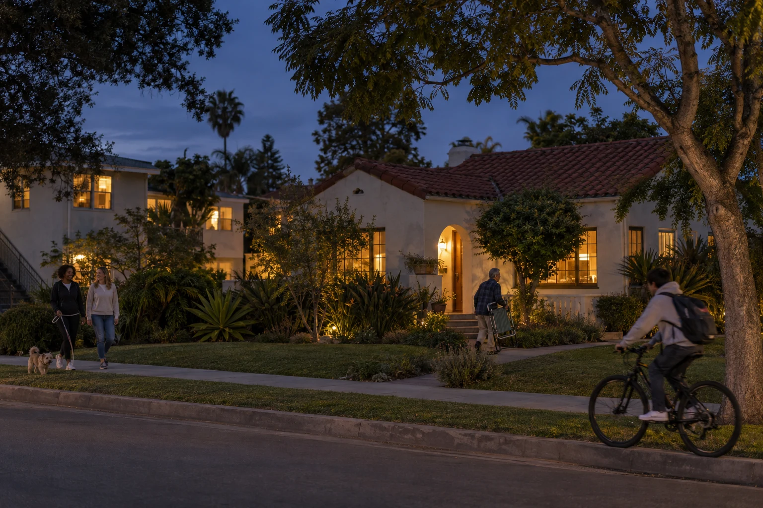 Imagined neighbors at ease outside modest homes and apartments at dusk.