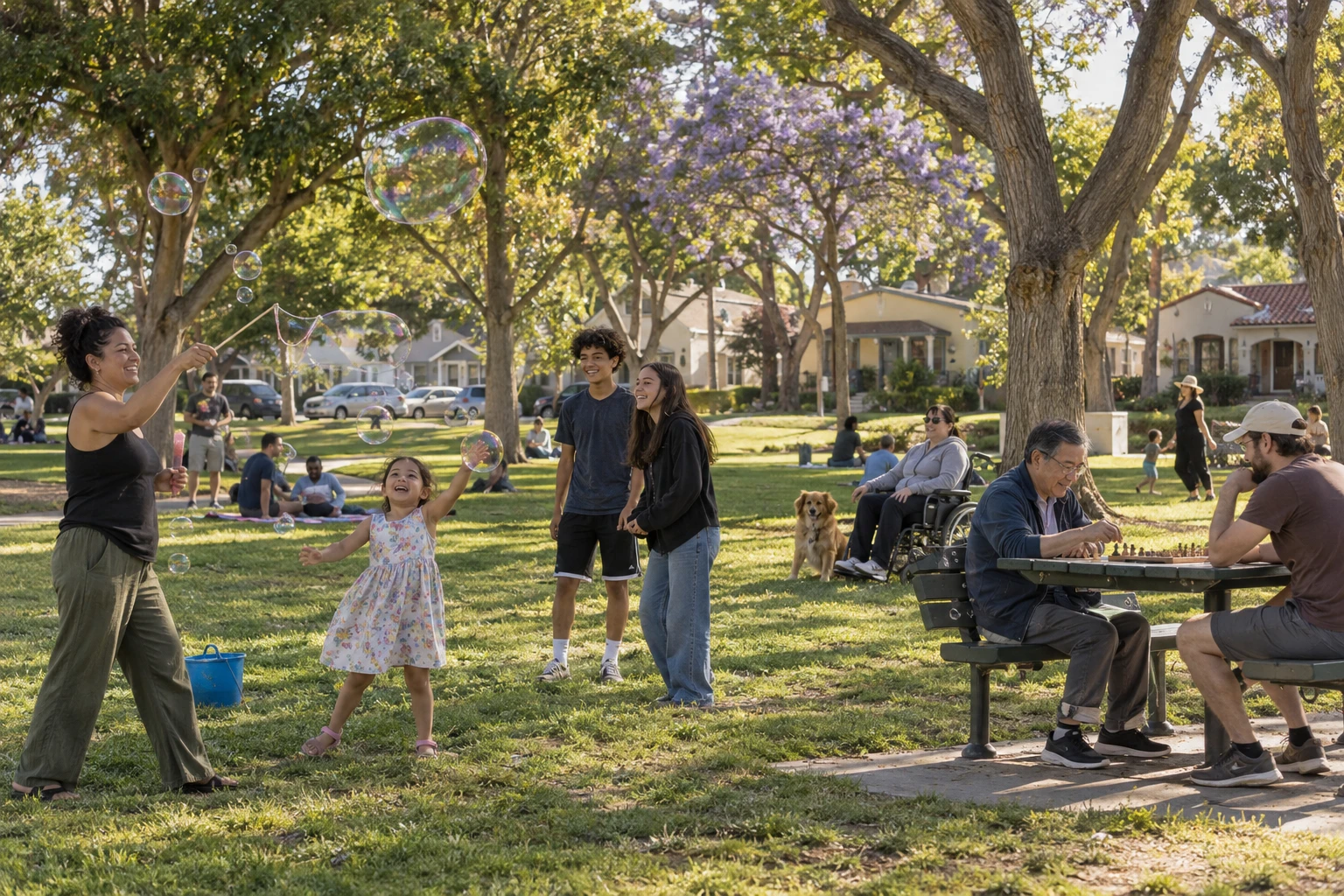 Imagined neighbors enjoying bubbles, a game and time outdoors in a residential pocket park, across ages and ways of life.