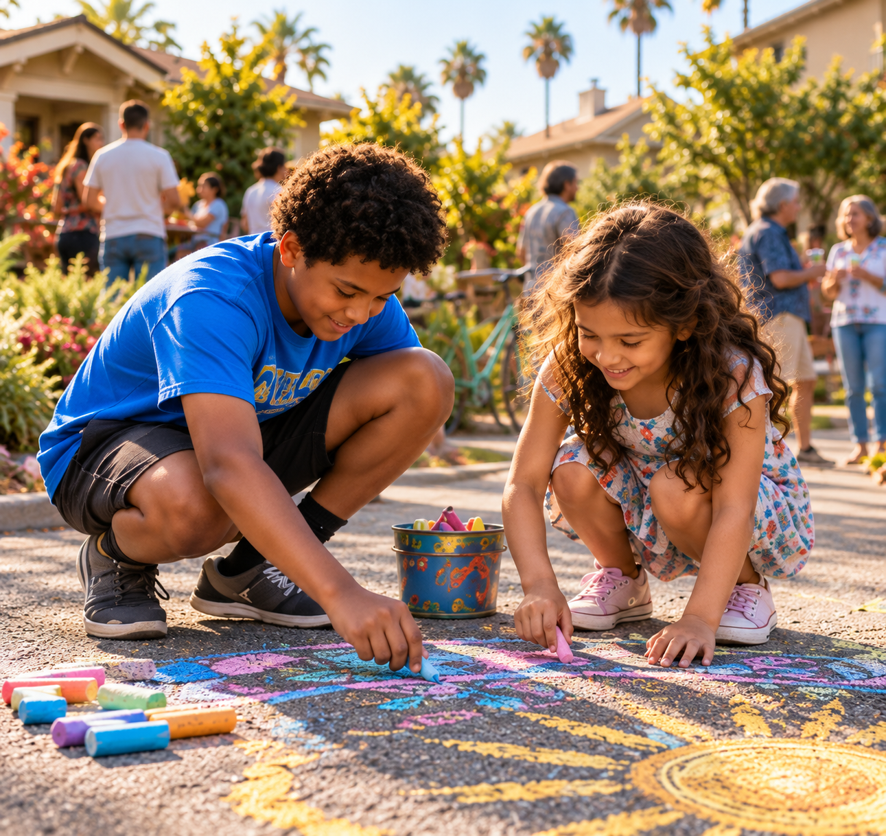 Imagined younger neighbors making a sidewalk chalk scene.