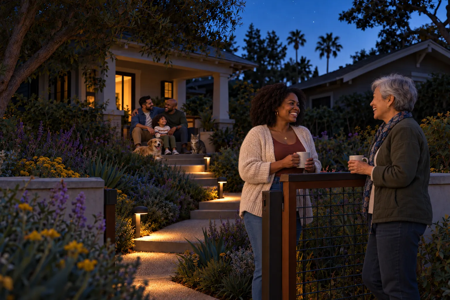 Neighbors share a friendly moment beside a softly lit front walk and garden