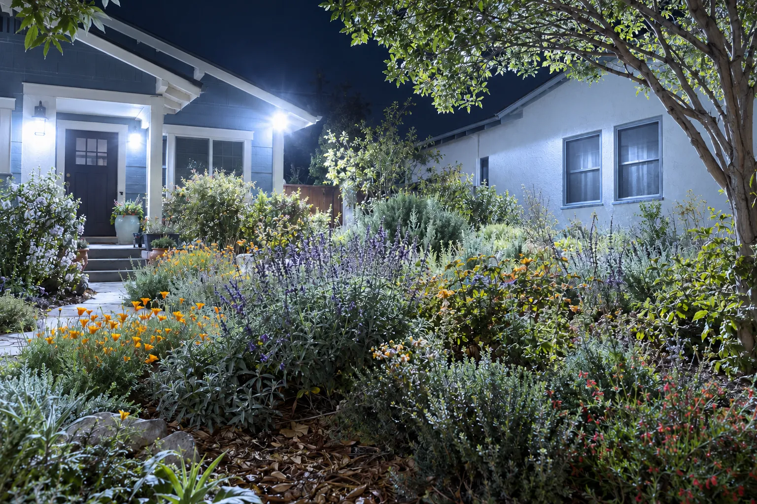 Glaring exterior lights wash across a densely planted garden and spill onto the neighboring home and its windows