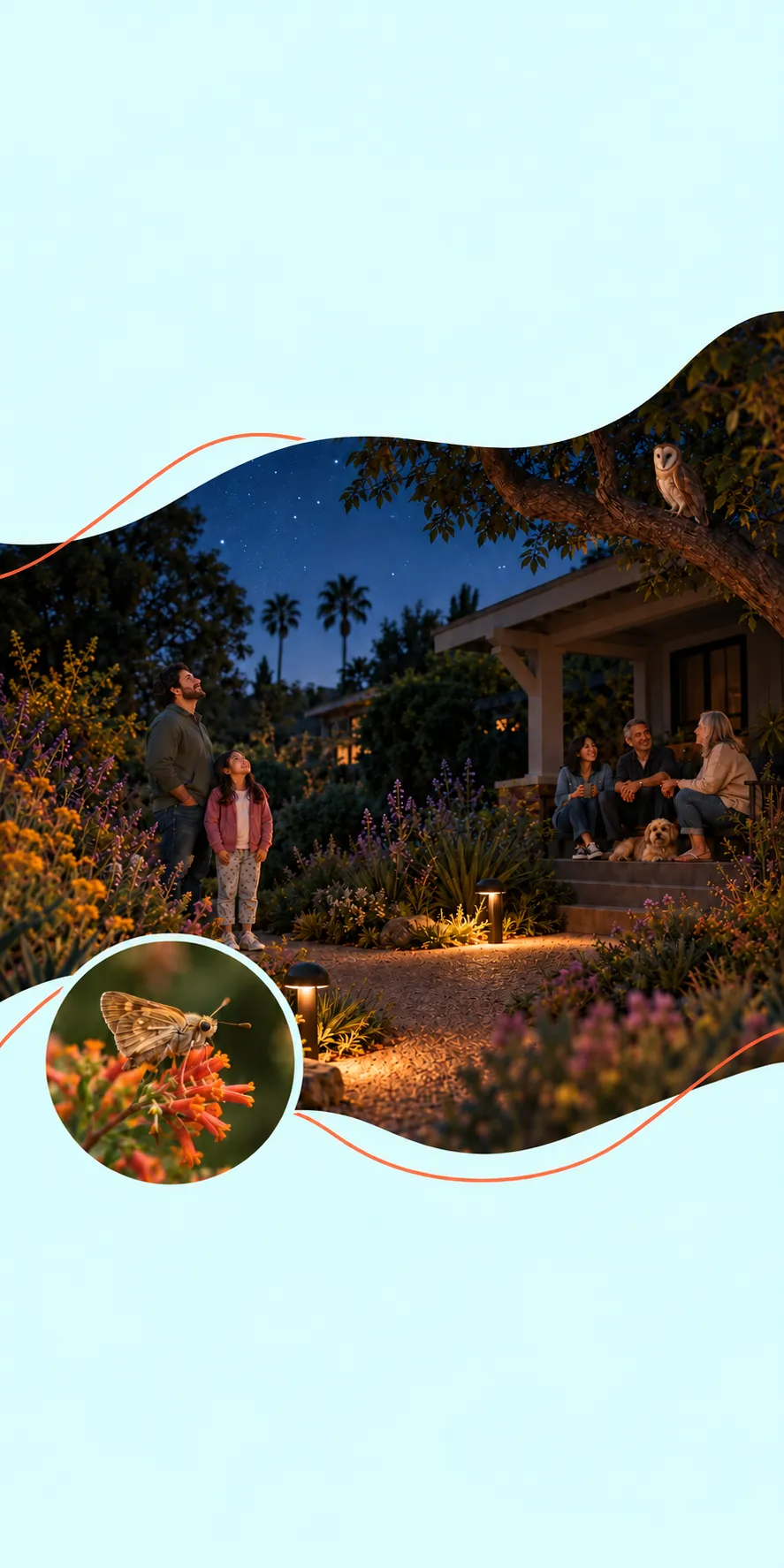 Two neighboring families enjoy a quiet night among bungalow homes and gardens, with a dog, an owl in a tree, and warm light along the walk