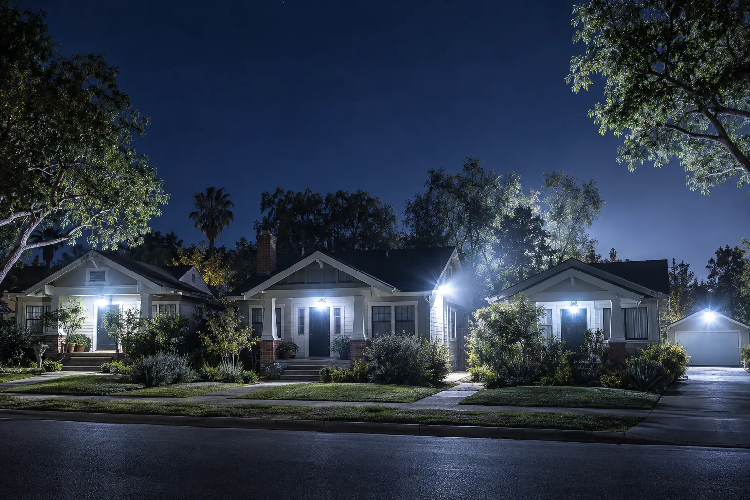 An exposed outdoor floodlight sends glare above the garage roof and into a nearby tree