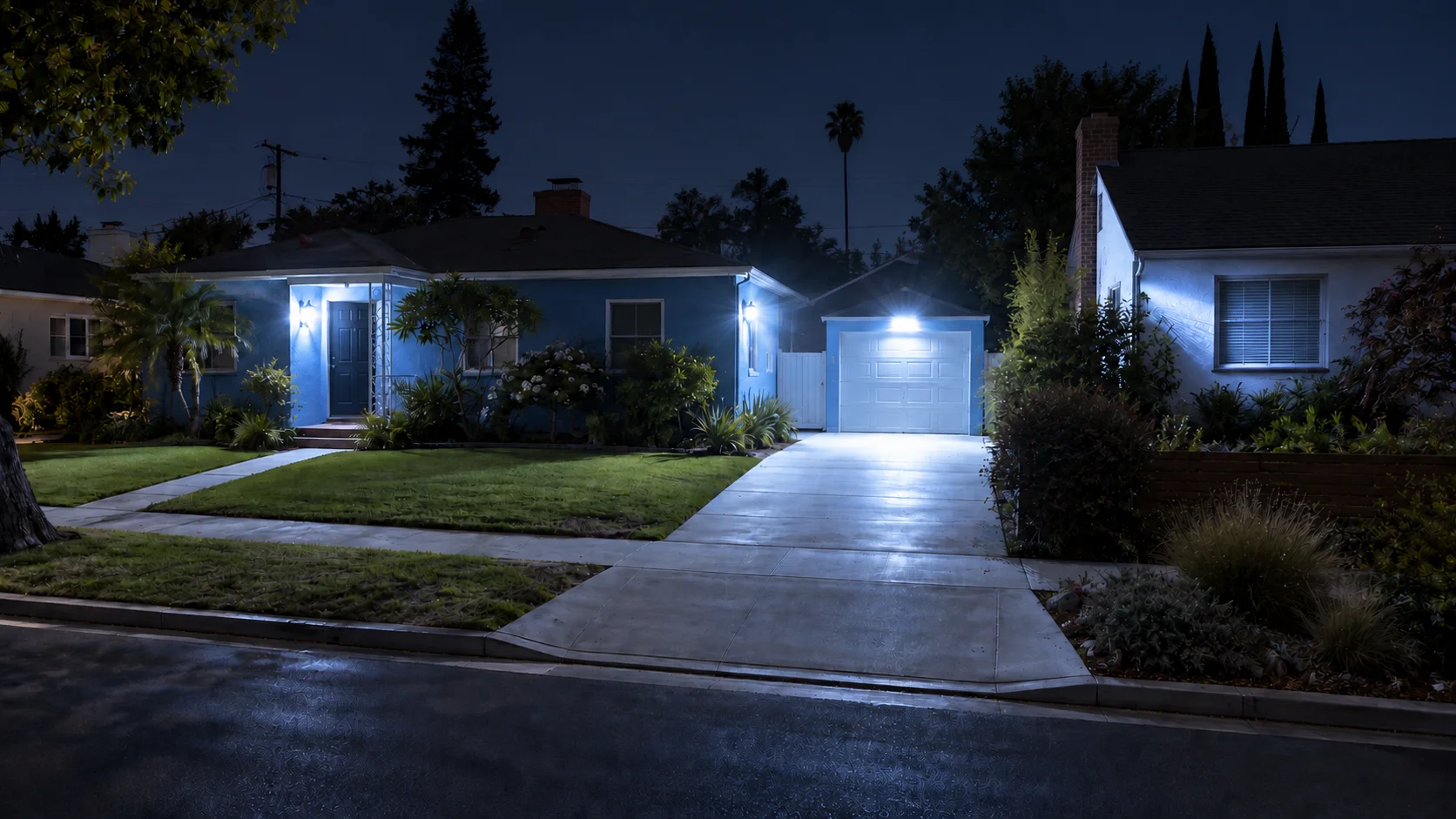 Three exposed blue-white outdoor fixtures on a blue house brighten its porch, side wall, garage, driveway and neighboring white house
