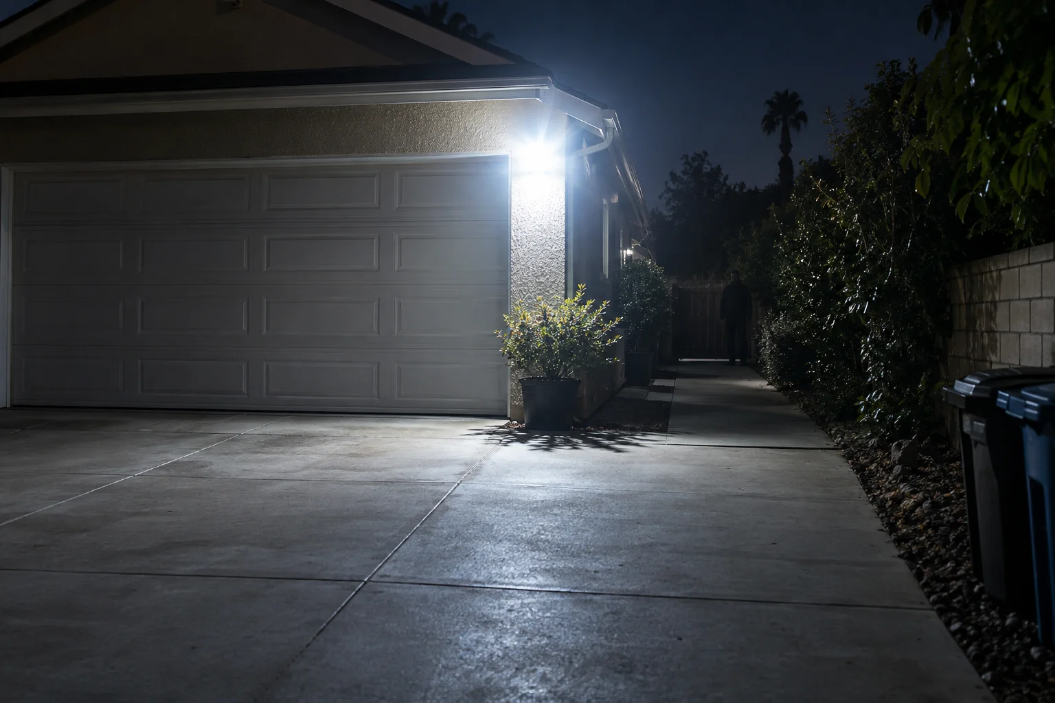Same person at the end of a side path is difficult to notice beyond an exposed glaring white garage light