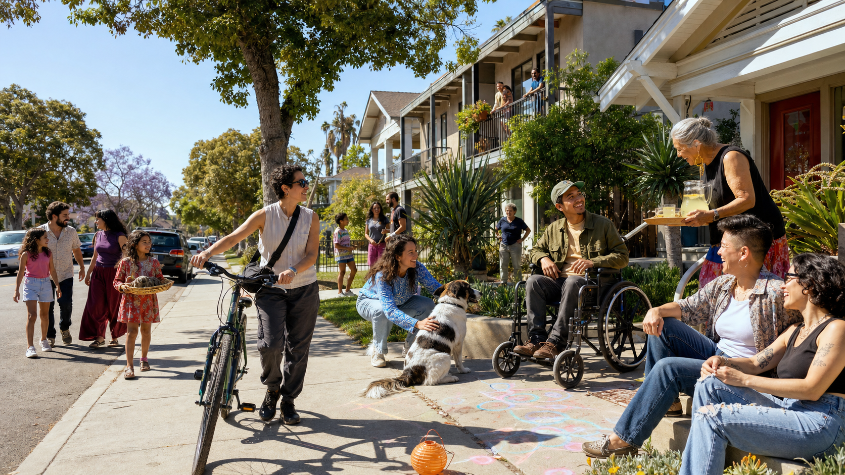 Illustrative scene of neighbors sharing a sunny Bixby Knolls courtyard.