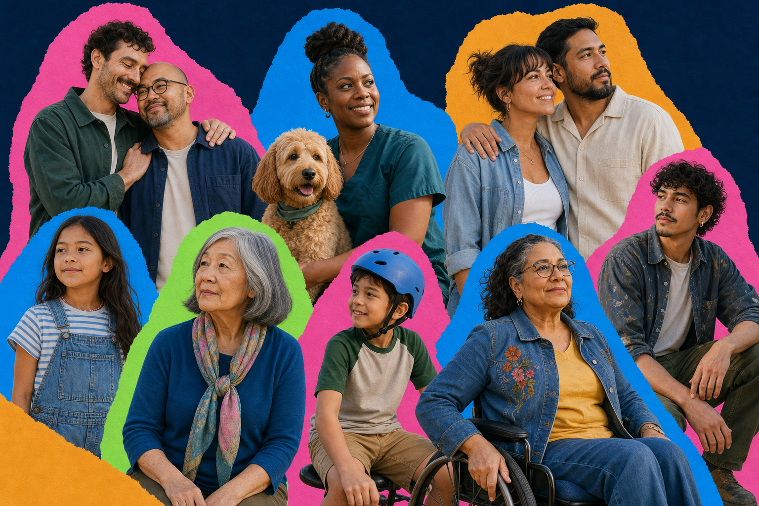 Editorial collage of fictional neighbors across ages, families, abilities, and backgrounds.