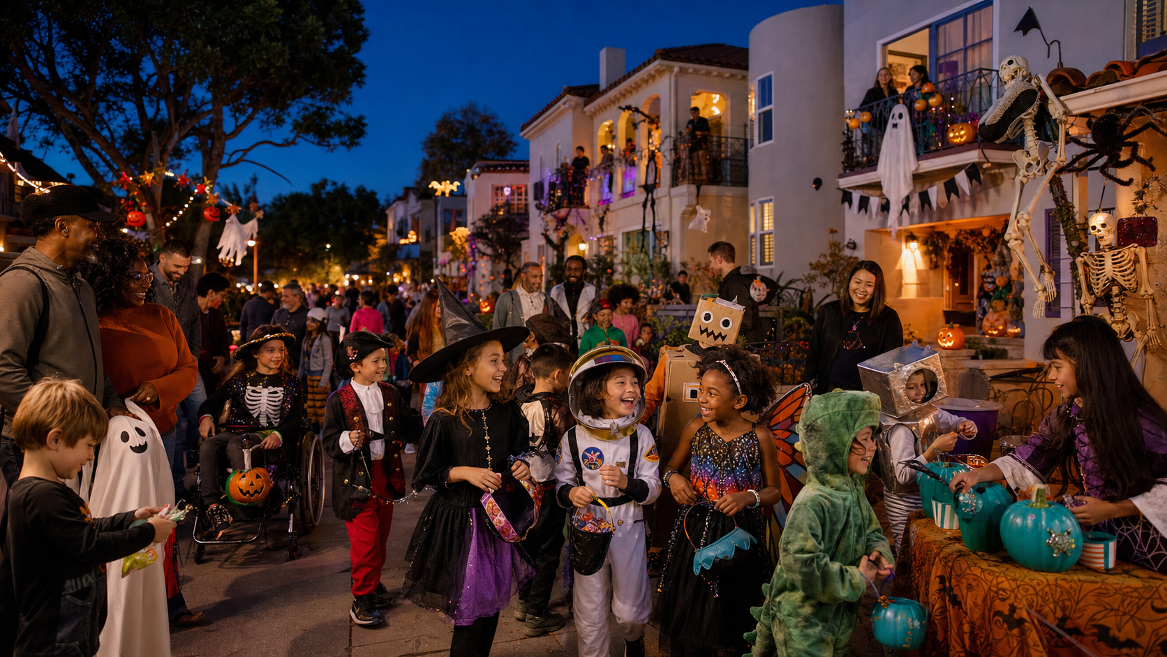 Imagined Knolloween night with costumed neighbors, decorated homes, apartment balconies, pumpkins, and handmade haunts.