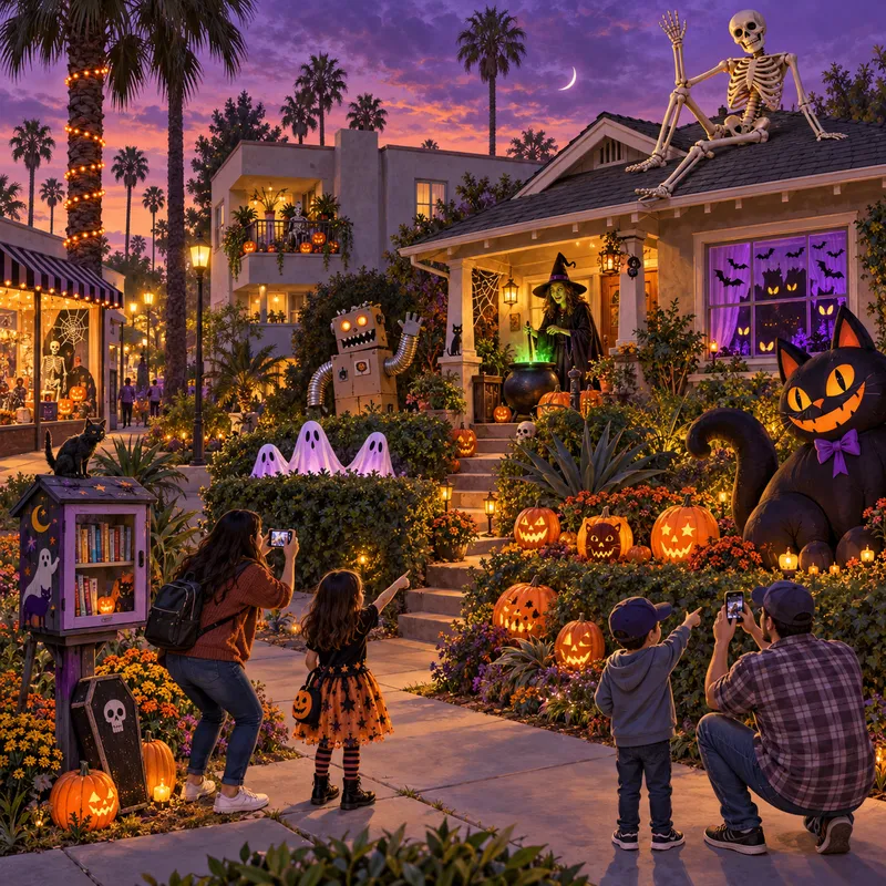 Illustrated Halloween decorating ideas across a Bixby Knolls neighborhood: roof skeletons, hedge ghosts, porch monsters, glowing windows, pumpkins, a balcony and a spooky shop.