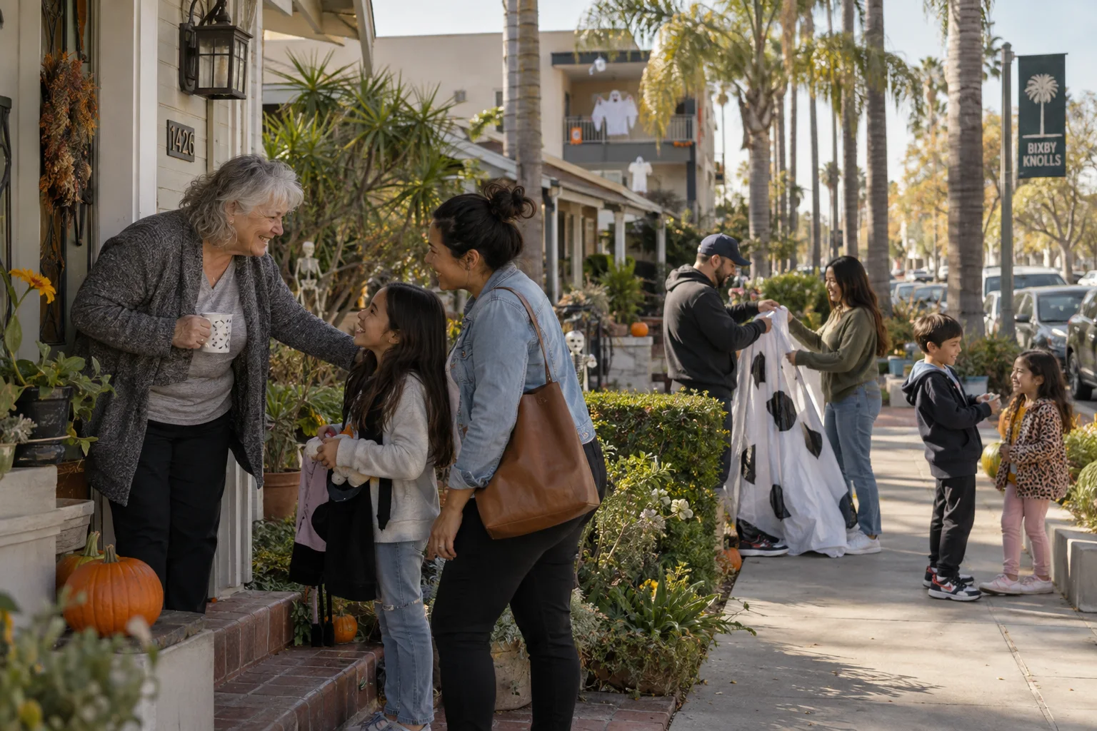 Concept daylight scene of neighbors greeting the family who visited on Halloween, with more neighbors together along the sidewalk.