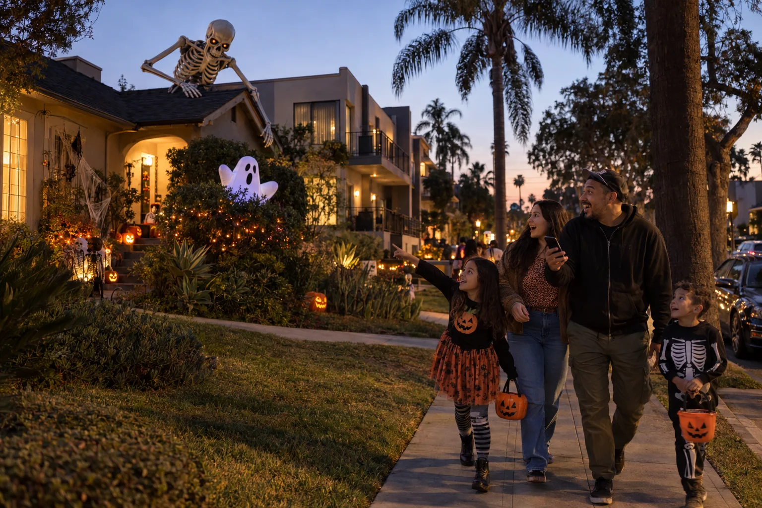 Concept scene of a family laughing at a giant skeleton peeking over a neighbor’s roof and a ghost in the shrubs.