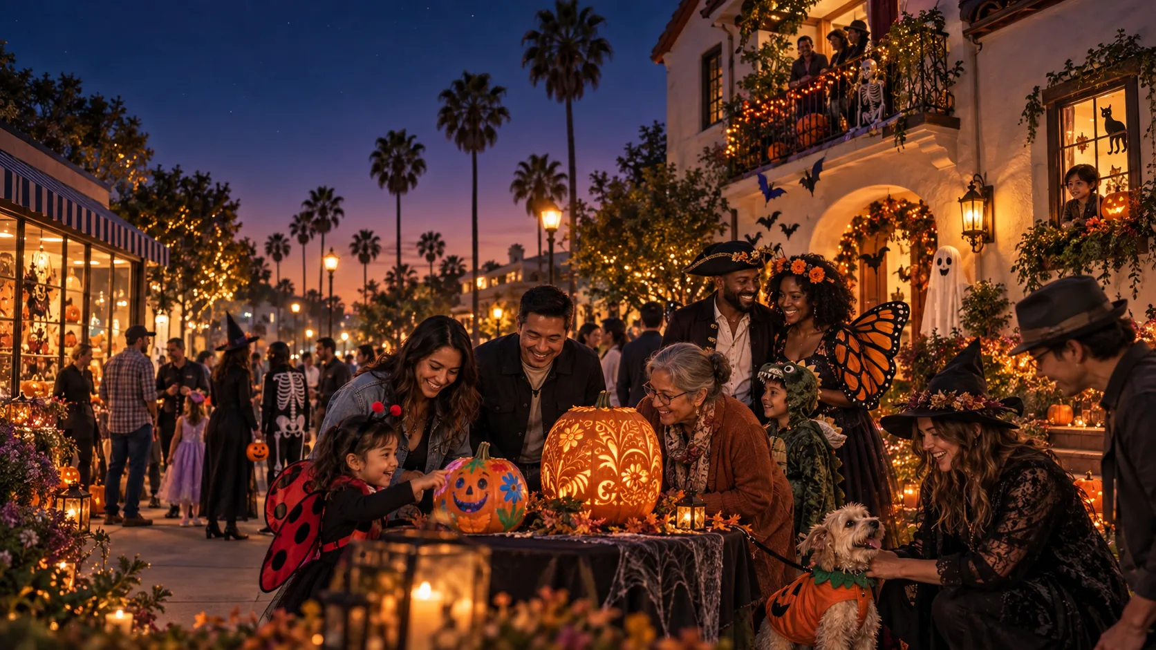 Concept scene showing a decorated house and apartment, pumpkins made by different ages, costumes, a dressed dog, and a neighborhood shop.