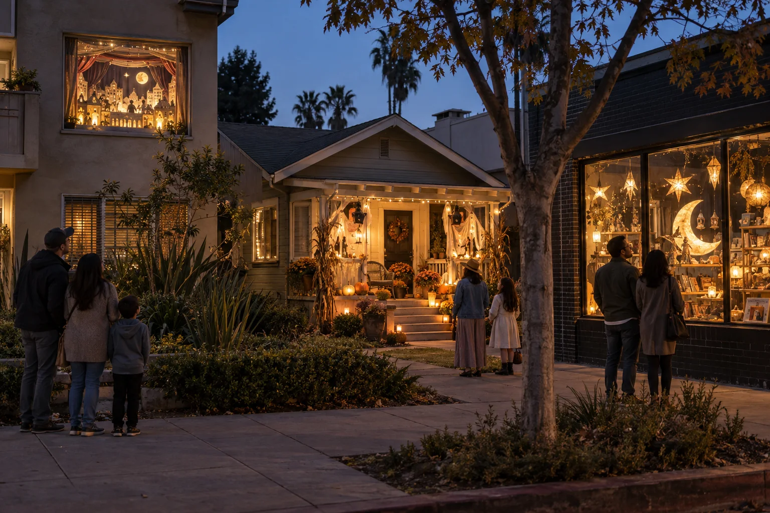 Concept scene where a handmade apartment-window theater, a decorated porch, and a shop display each draw delighted neighbors.