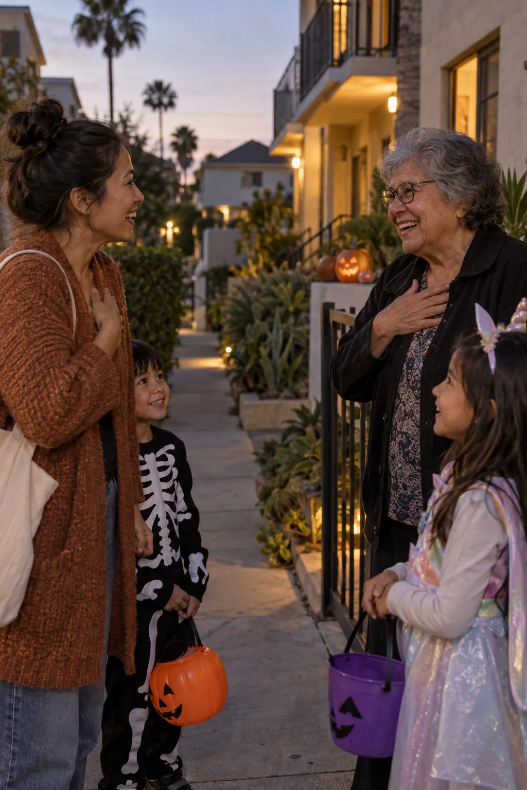 Concept scene of two neighbors introducing themselves while their costumed children look on.