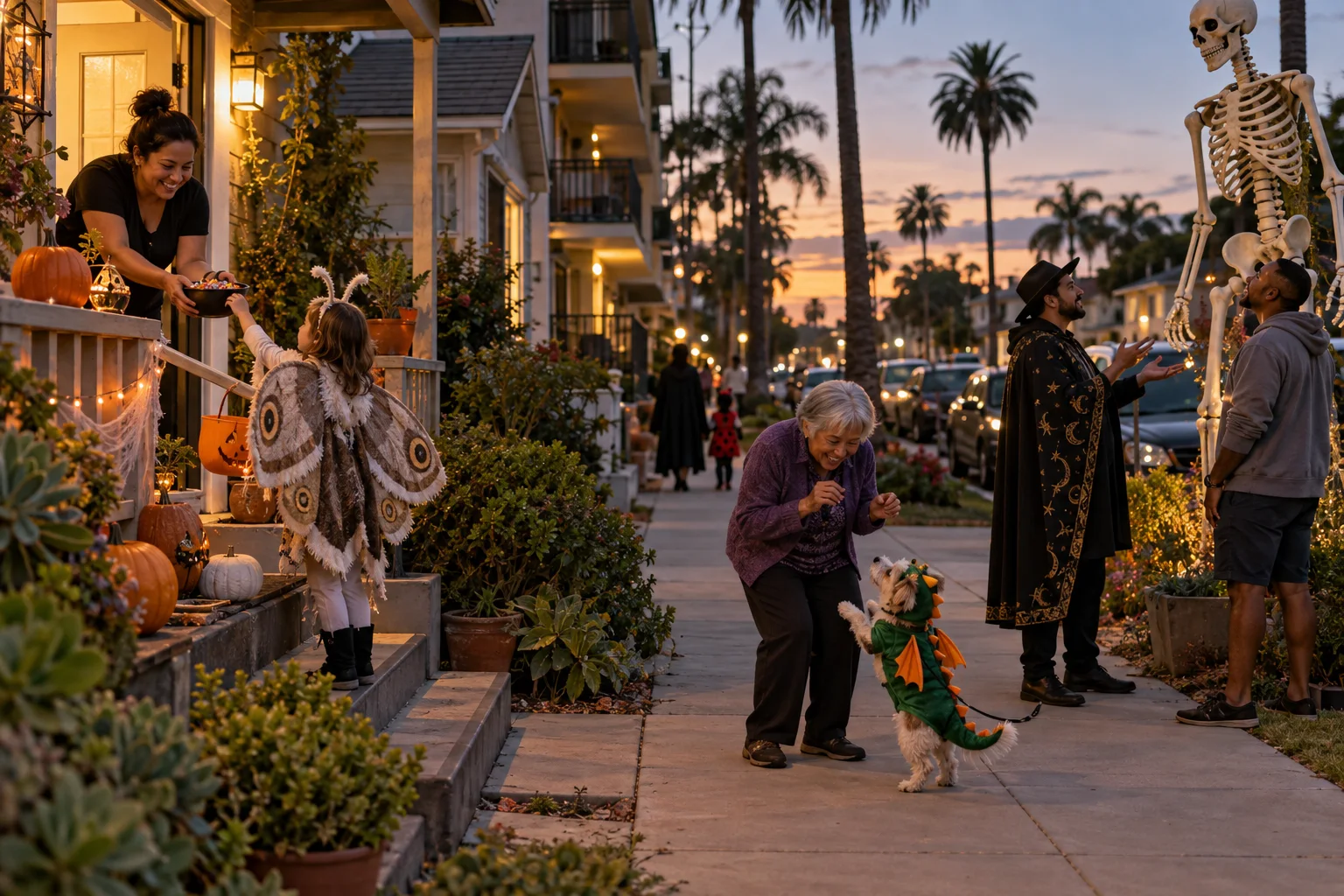 Concept scene of a moth-costumed child collecting candy, a dragon-costumed dog greeting a neighbor, and two adults debating a giant skeleton.