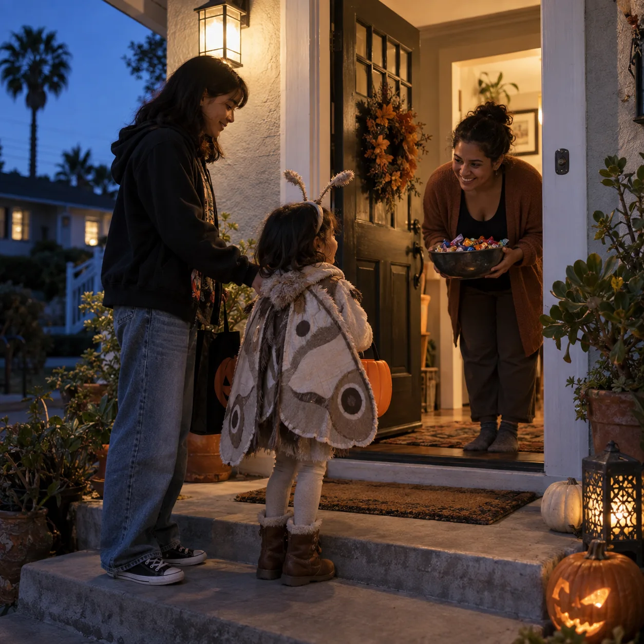 A shy child in a handmade moth costume finds a warm welcome at a neighbor’s door.