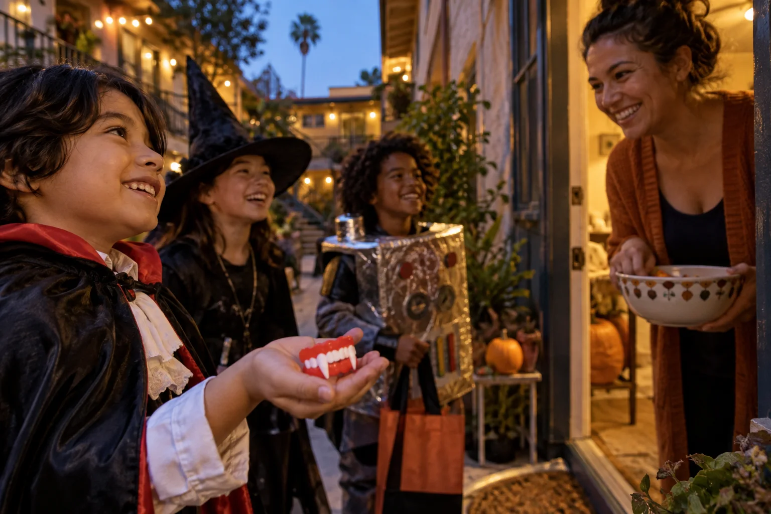 Concept scene of a child showing cheap plastic vampire teeth to a laughing neighbor at the doorway, with other costumed children nearby.