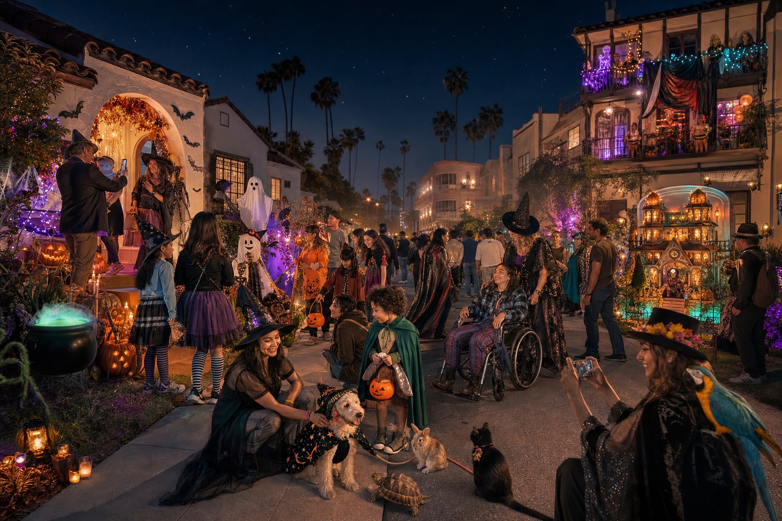 Neighbors and their pets gather among varied Halloween displays on a Bixby Knolls block.