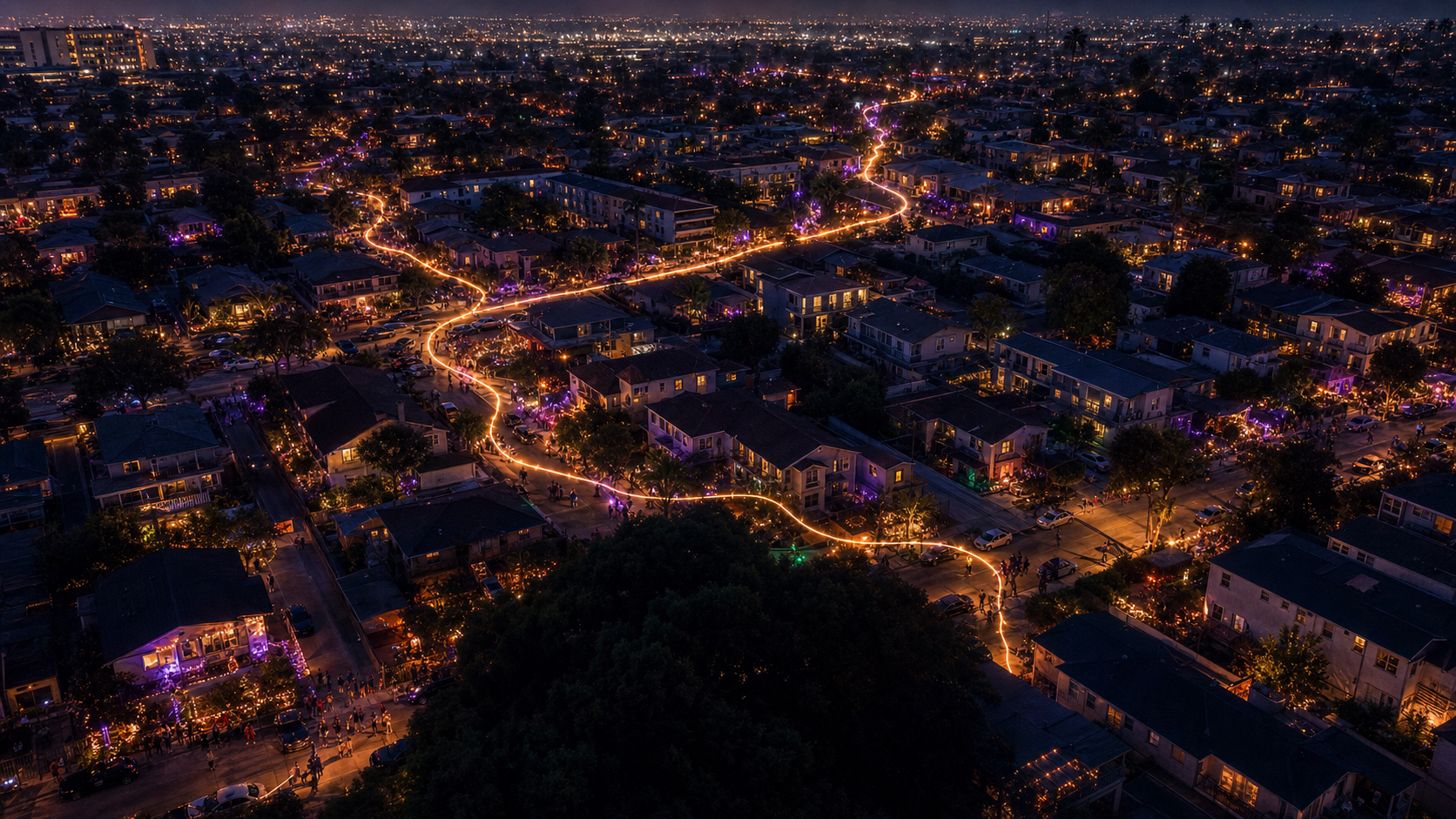 Aerial view of Bixby Knolls transformed for Halloween