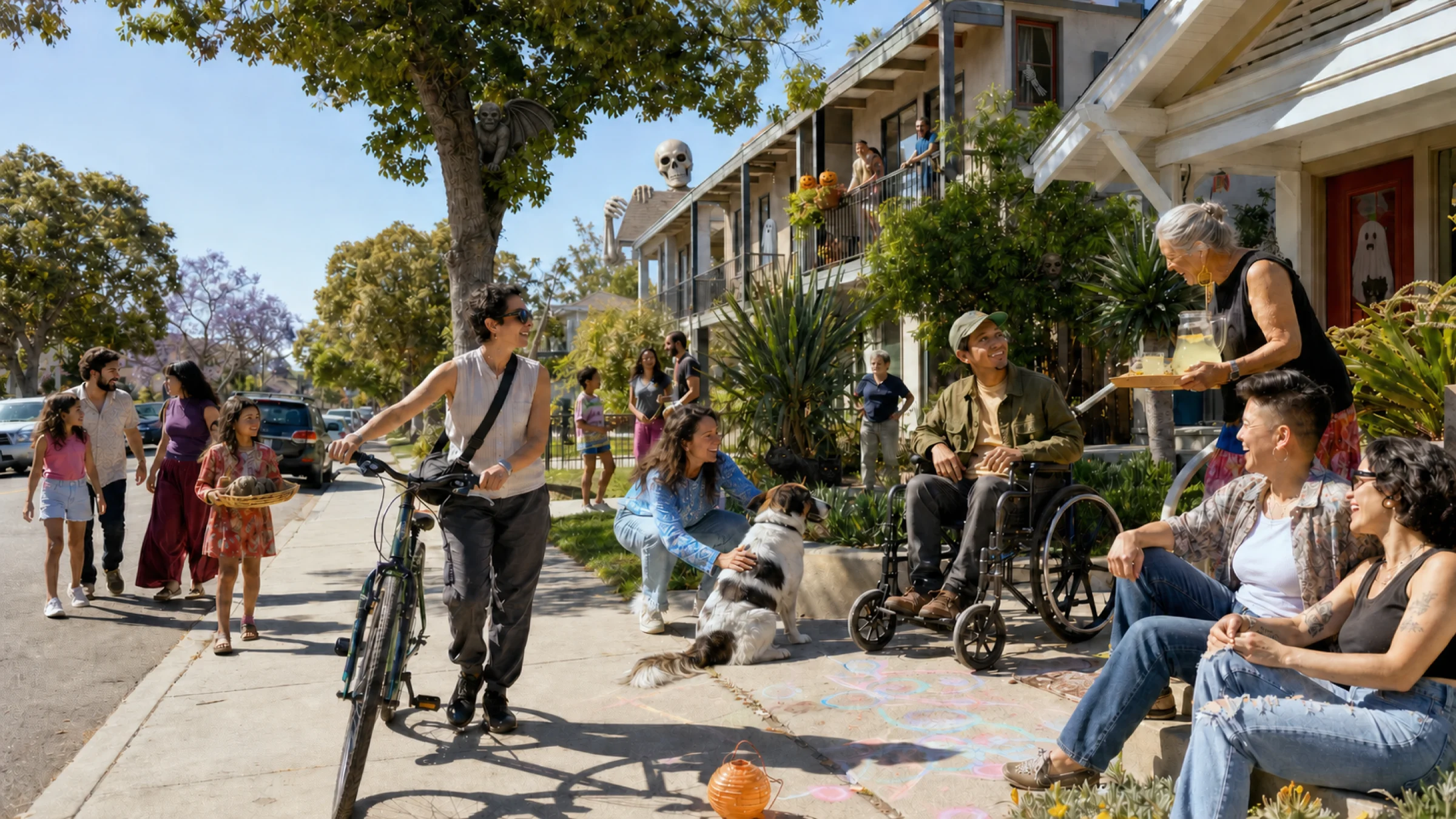 Bixby Knolls neighbors, a dog, and a towering Halloween skeleton in a sunny courtyard