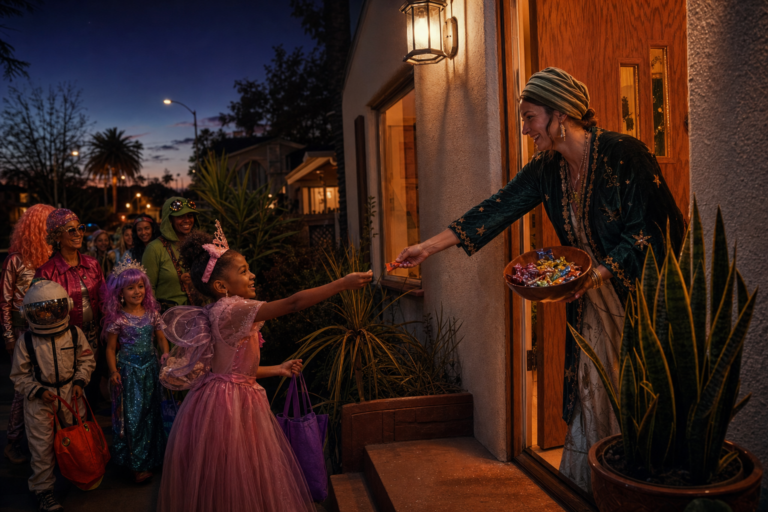 A neighbor at a fully visible doorway hands candy to a child in a homemade costume, with more children waiting along the walk.